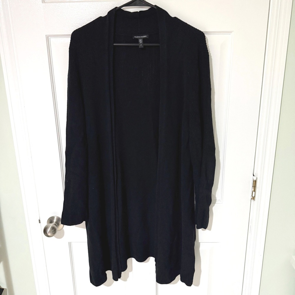 Eileen Fisher Black Organic Cotton Ribbed Open Front Longline Cardigan Large